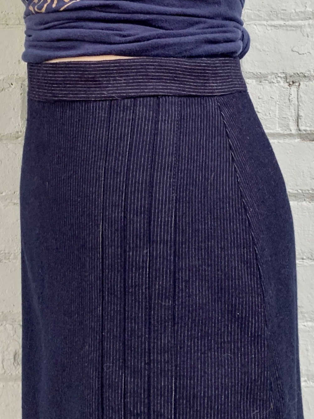 Navy Midi Pencil Skirt with Pleated Hem Detail and Pinstripes - Picture 8 of 8